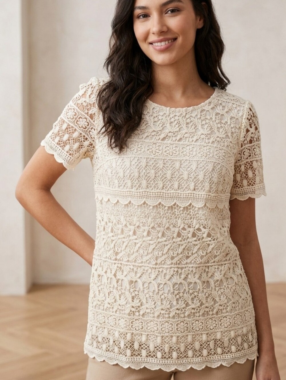 Kenar Top Womens Large Full-Crochet Front Sleeves Blouse Floral Sz L